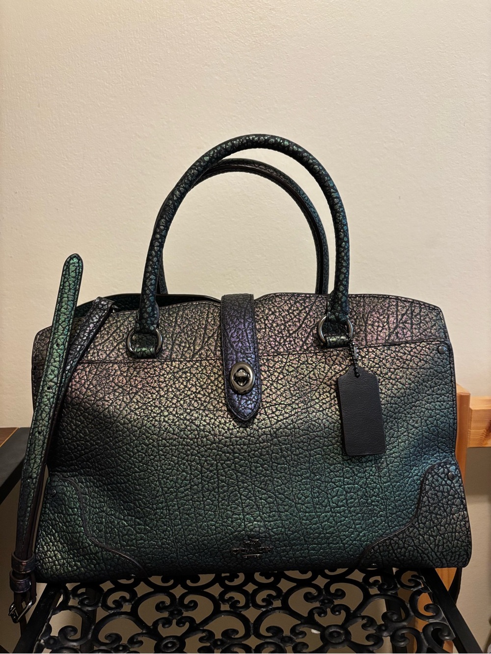 Iridescent Textured Satchel Handbag - Green/Black